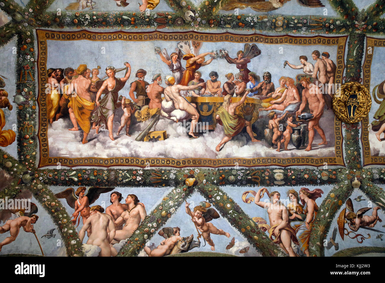 Villa Farnesina, Rome. The Loggia of Cupid and Psyche, frescoed ceiling painted by Raphael and his workshop in 1518. Italy. Stock Photo
