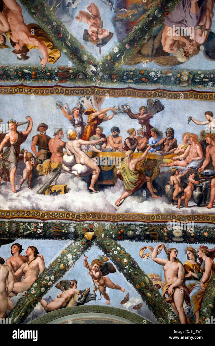 Villa Farnesina, Rome. The Loggia of Cupid and Psyche, frescoed ceiling painted by Raphael and his workshop in 1518. Detail. Italy. Stock Photo