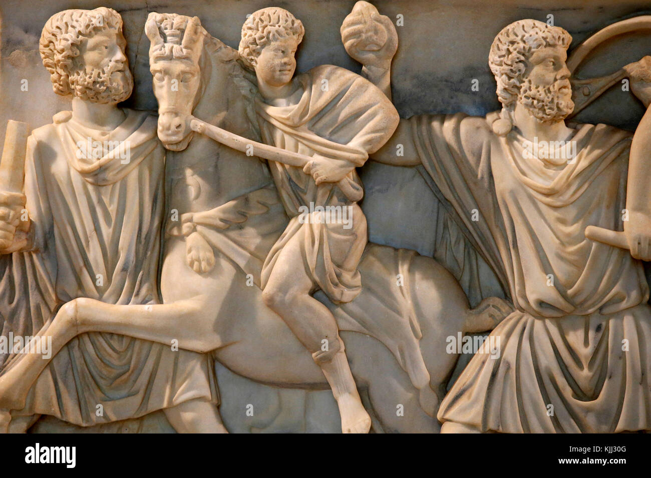 Capitoline museum, Rome. Sarcophagus with the Calydonian boar hunt. M.C. inv. 917, Proconnesian marble. Detail. Italy. Stock Photo