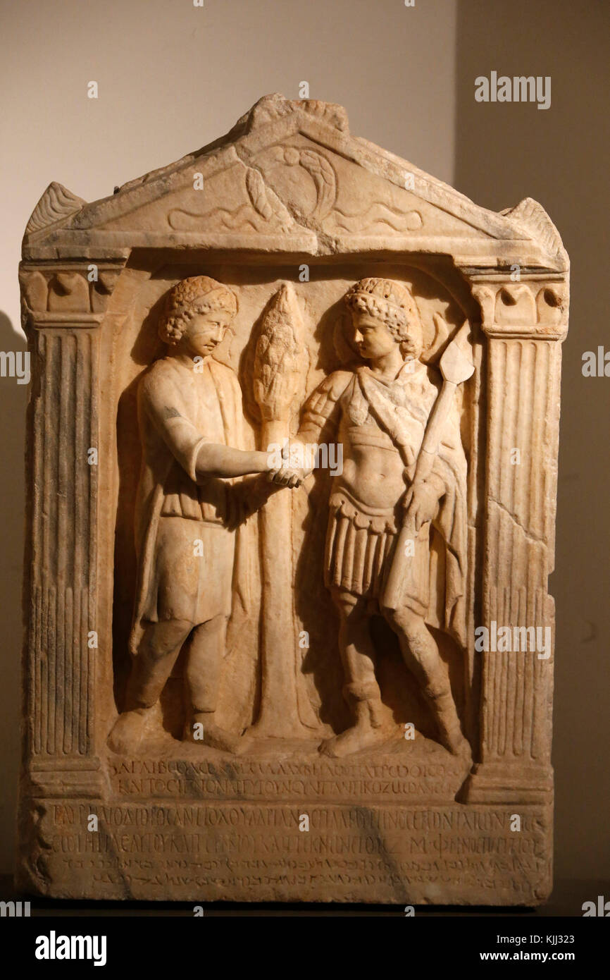 Capitoline museum, Rome. Relief with a dedication to Aglibol and Malakbel, 235-236 A.D. Italy. Stock Photo