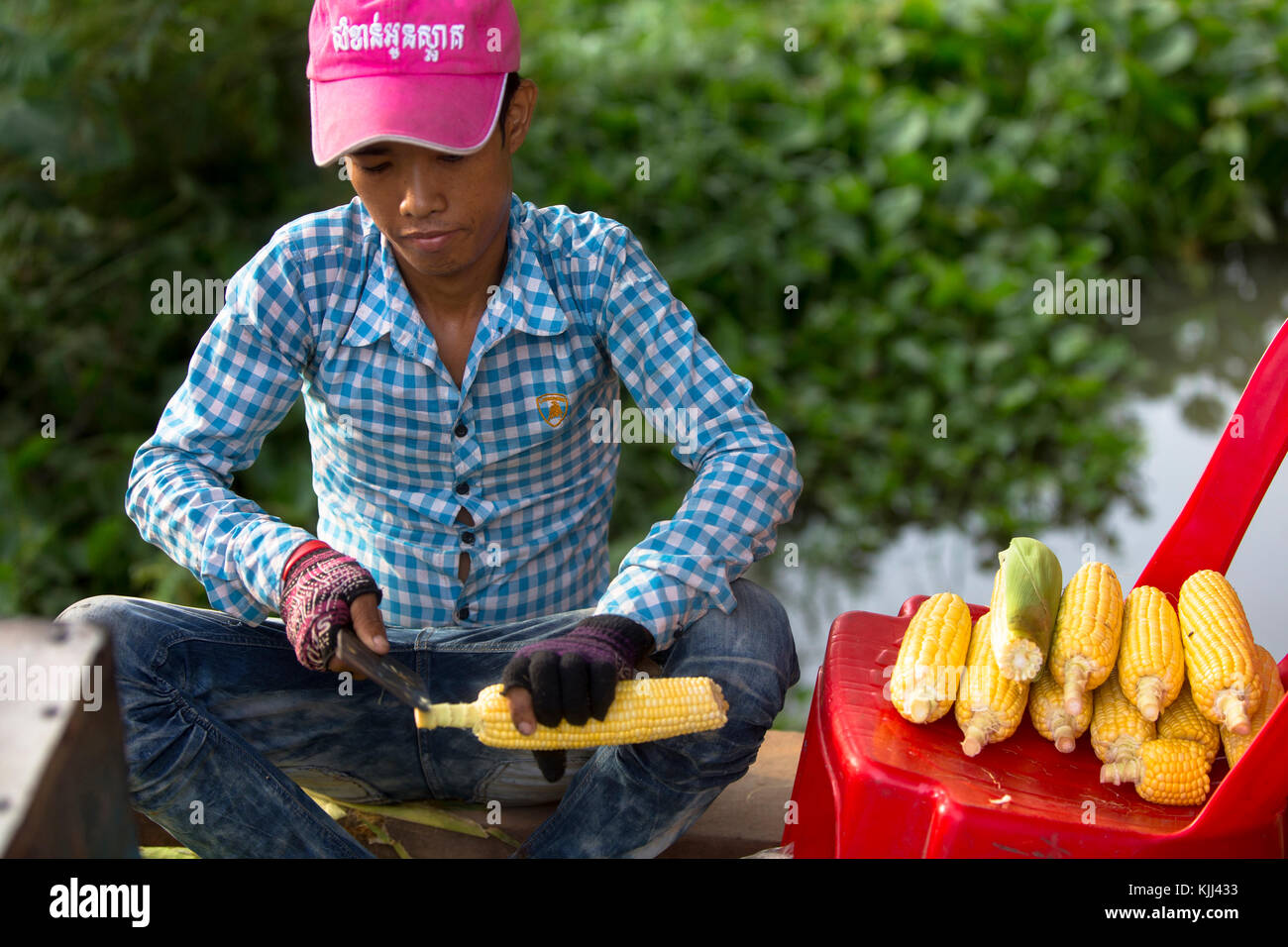 Vendor selling corn on the cob. Siem Reap.  Cambodia. Stock Photo
