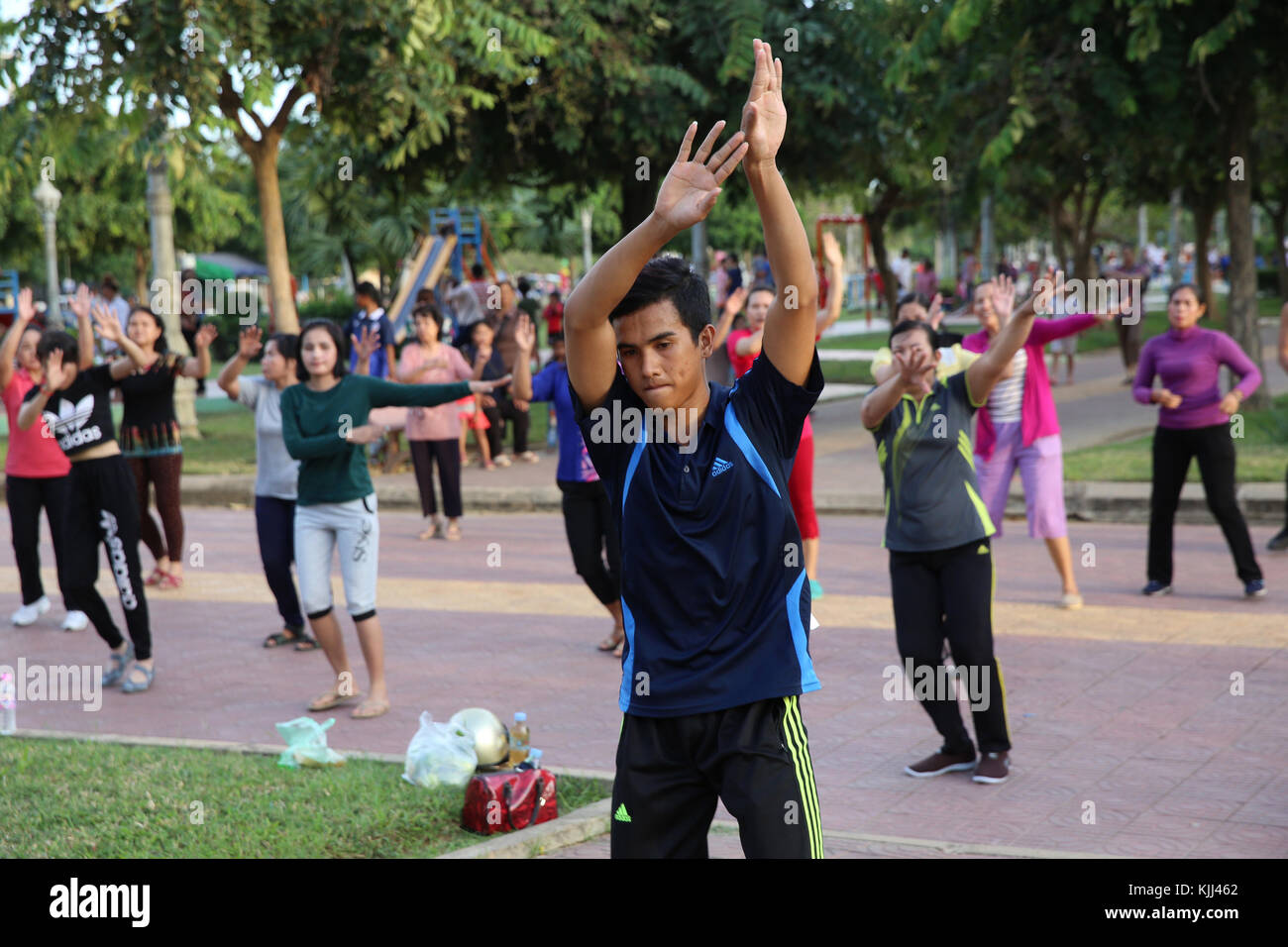 Outdoor fitness class. Battambang.  Cambodia. Stock Photo