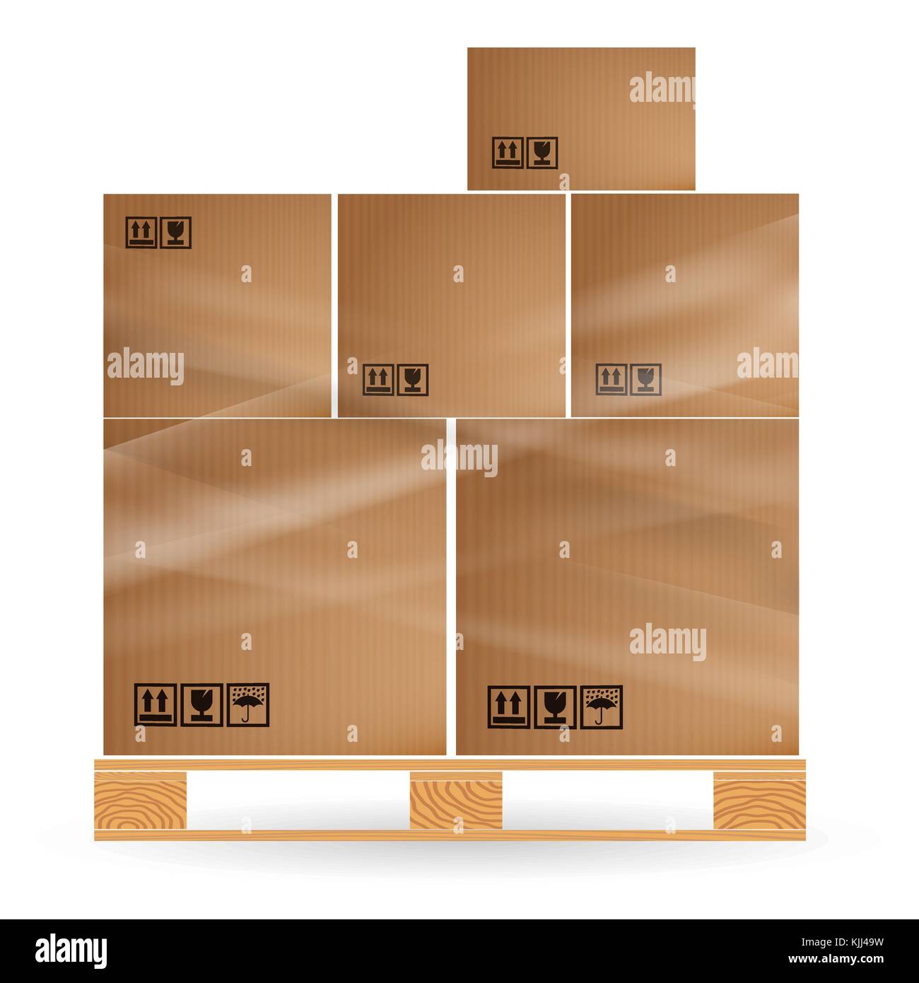 Cardboard boxes with cargo stacked on a wooden pallet. Euro pallets. Warehouse with goods Stock Vector