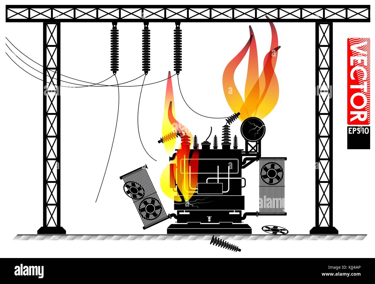 Accident at the transformer substation. Fire on the transformer. Power