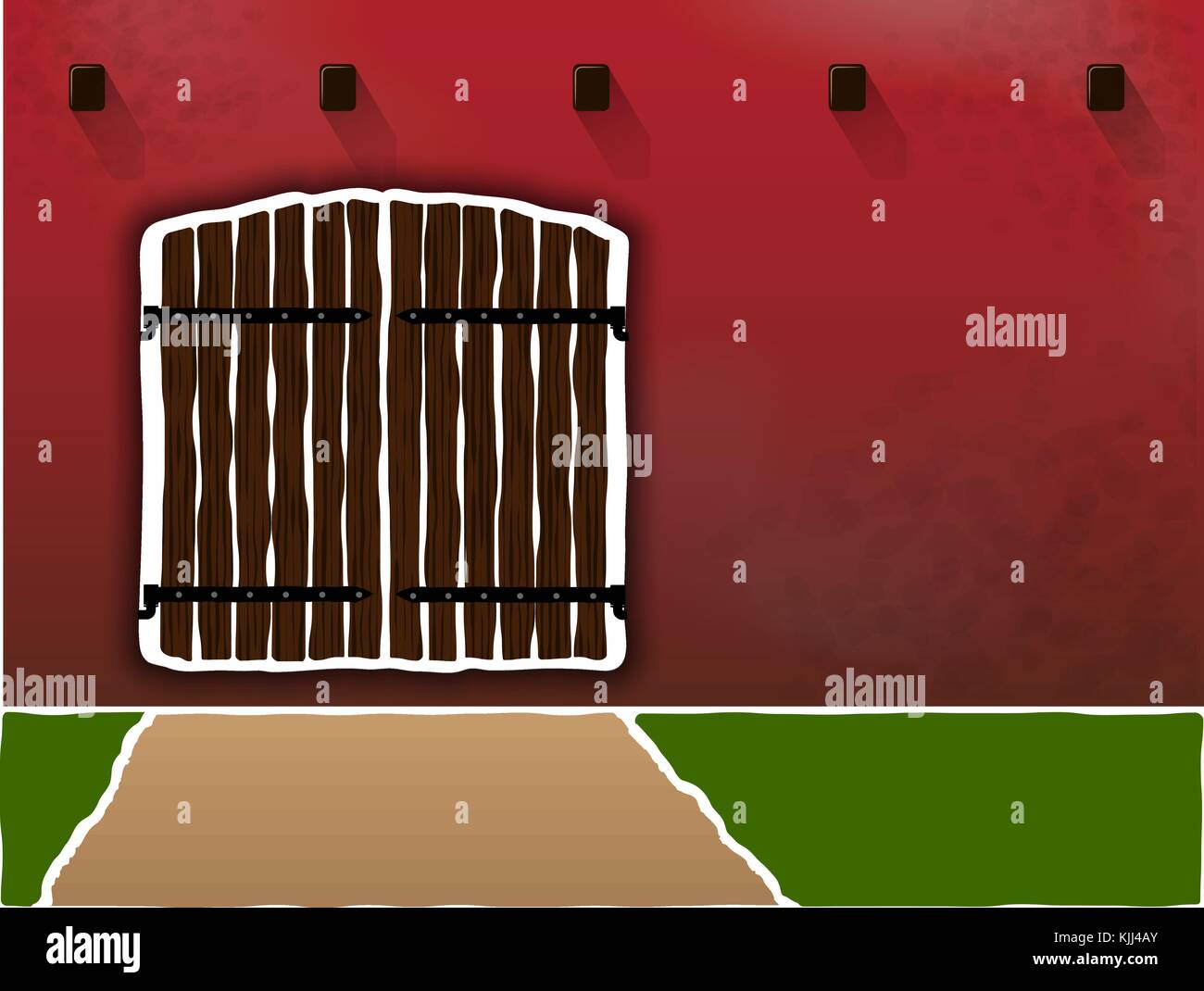 Huge and old wooden gates on a dirty burgundy wall. Sesto for dough. Border and access right. Protected area Stock Vector