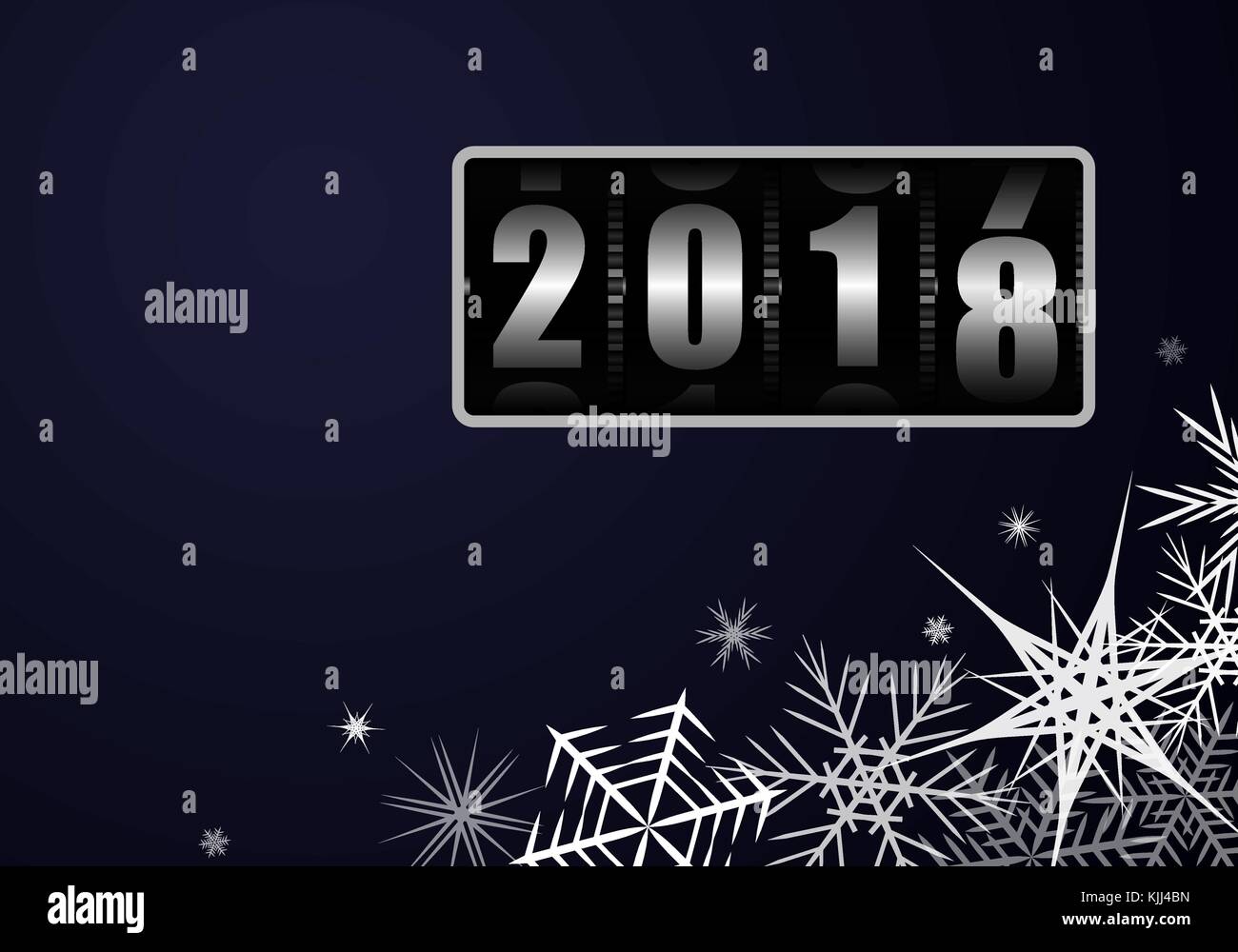 Change of the year on the drum counter from 2017 to 2018 with white snowflakes. Billet for postcard or poster Stock Vector