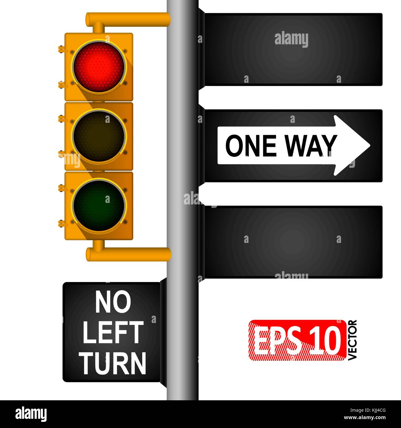 Yellow classic traffic light on a pole in the USA. Road signs. Regulation of traffic. Stock Vector