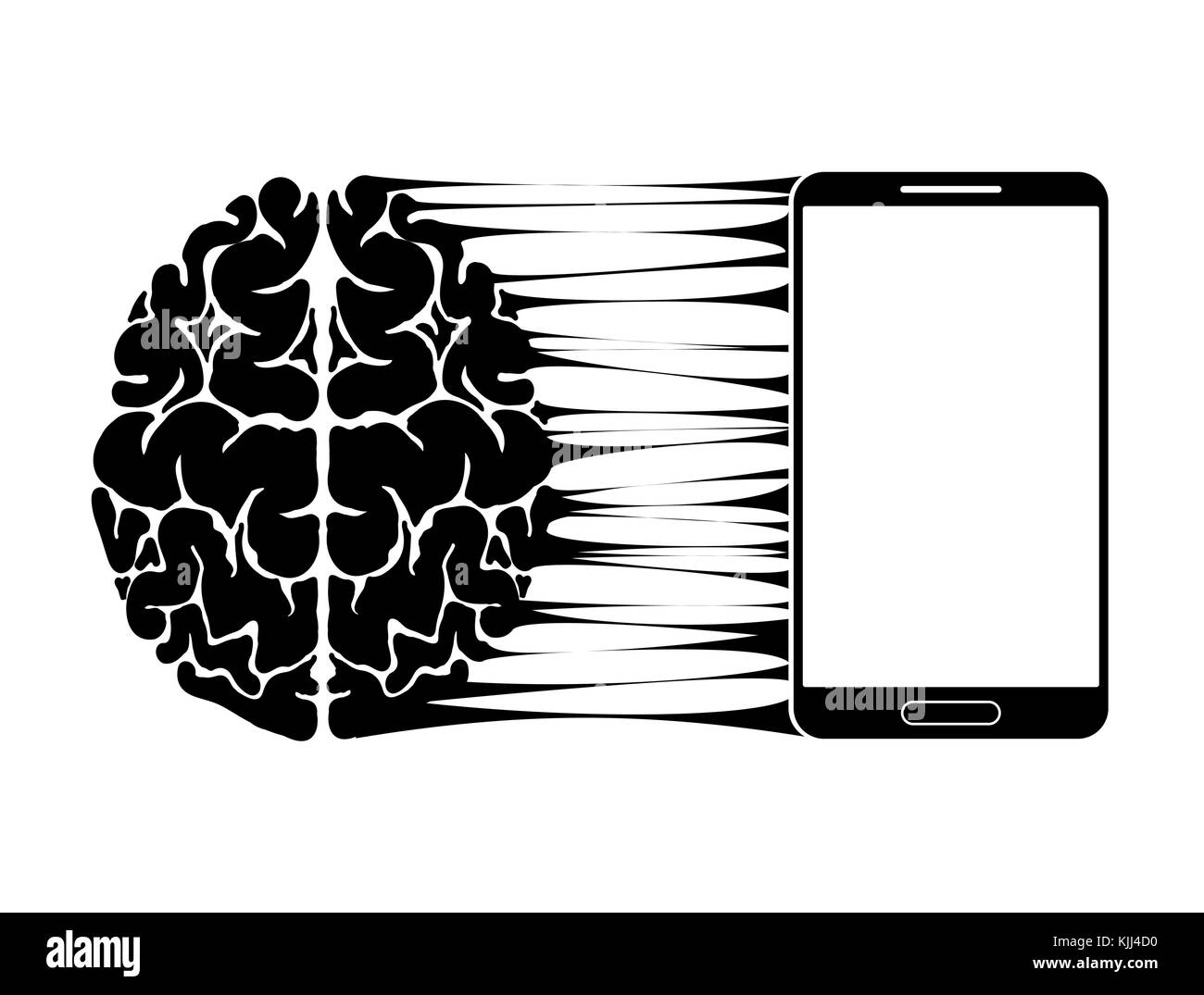 A conceptual sign or logo showing a person s dependence on a smartphone, gadget or the Internet. Strong communication of the brain and new technologies. Stock Vector