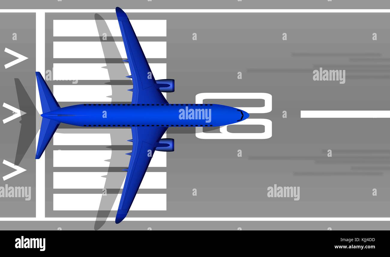 A modern jet passenger blue plane on the runway. View from above. A well-designed image with a mass of small details. Airport marking. Stock Vector