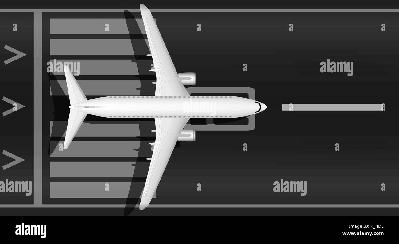 A modern jet passenger white plane on the runway. View from above. A well-designed image with a mass of small details. Airport marking. Stock Vector