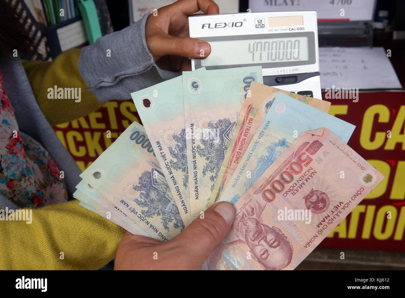 Money exchange.  Vietnam Dongs.  Hoi An. Vietnam. Stock Photo