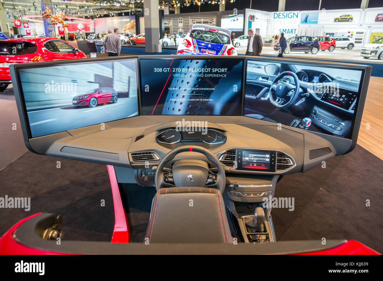 BRUSSELS - JAN 12, 2016: Peugeot car simulator at the Brussels Motor Show. Stock Photo