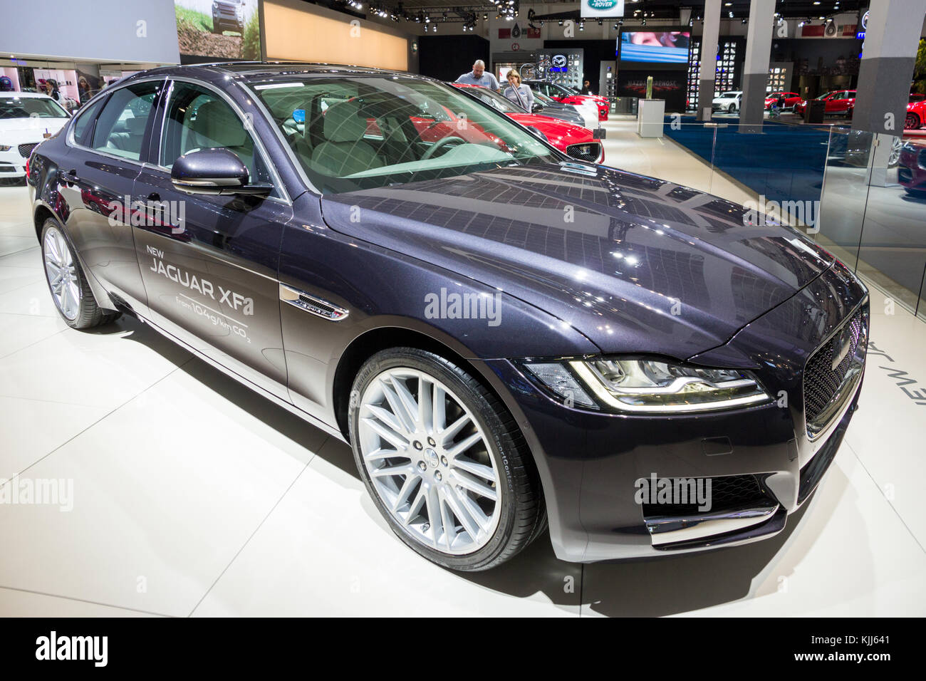 BRUSSELS - JAN 12, 2016: Jaguar XF mid-size luxury car showcased at the Brussels Motor Show. Stock Photo