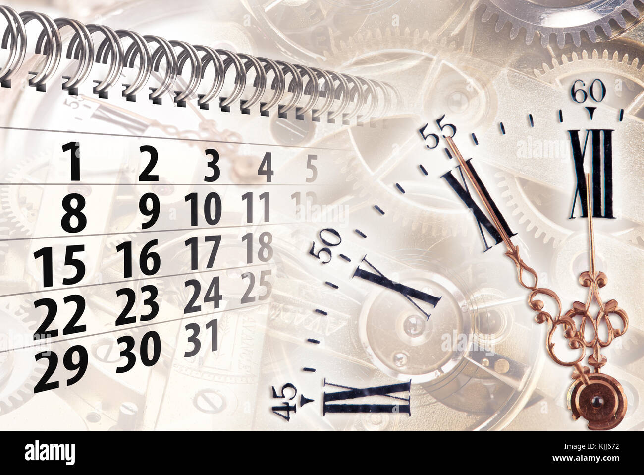 Composition of clock and calendar with gears in the background Stock Photo