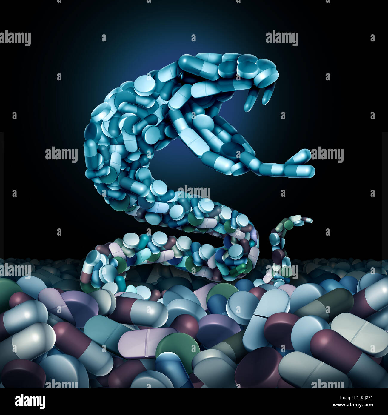 Opioids and opioid health risk and medical crisis with a prescription painkiller addiction epidemic concept as a group pills shaped as a snake. Stock Photo