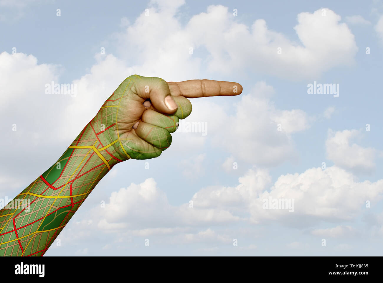 Human direction and consultation concept as a hand with a tattoo of navigation graphics pointing towards a solution in a 3D illustration style. Stock Photo