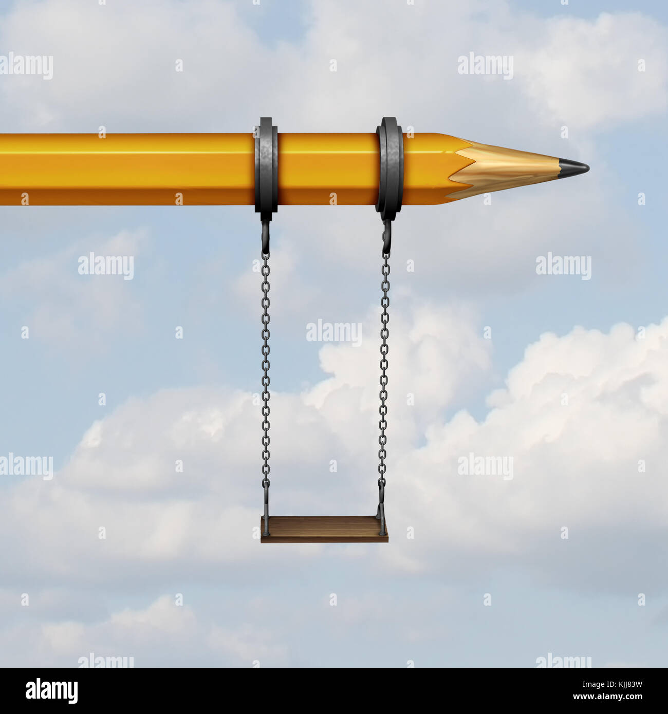 Learn and play education during childhood recreation concept as a playground swing hanging on a pencil as a 3D render. Stock Photo