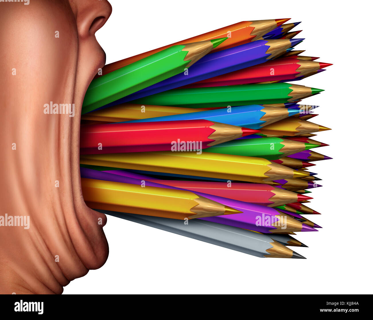 Creativity expression and creating content as a designer symbol as a person with color pencil crayons coming out of an open mouth. Stock Photo