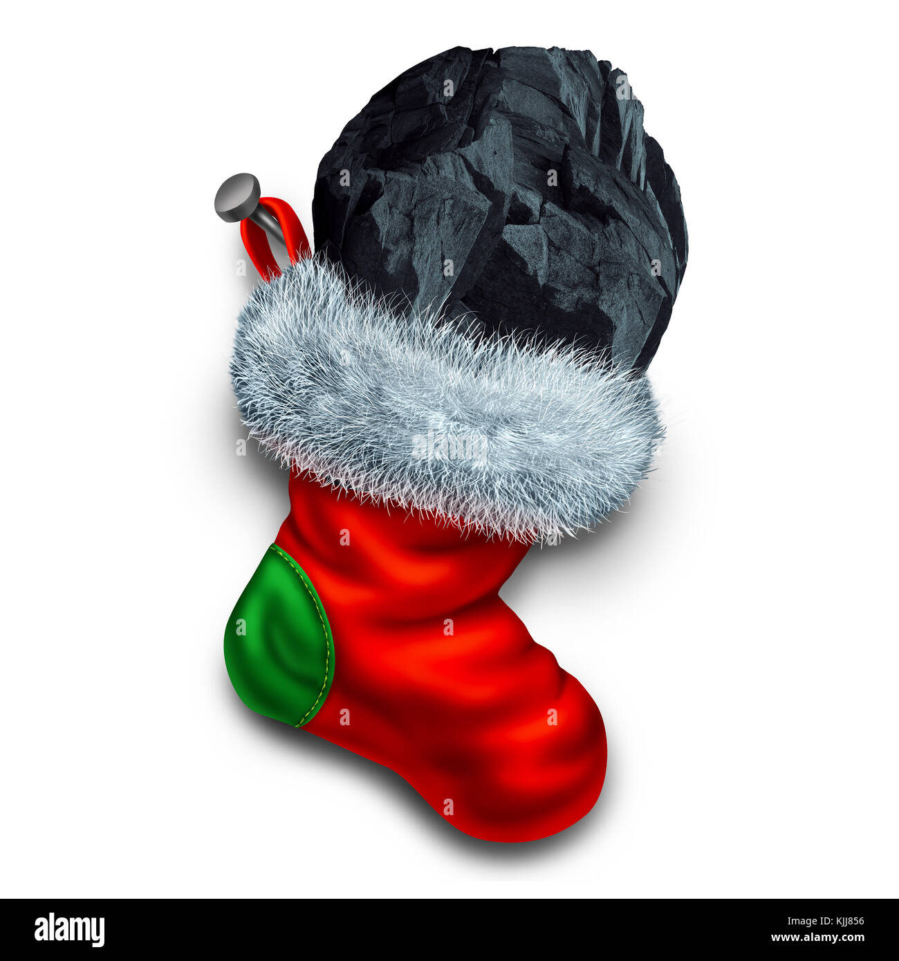 Chunk of coal in holiday stocking as a christmas symbol for naughty children gift or bad people seasonal winter present . Stock Photo