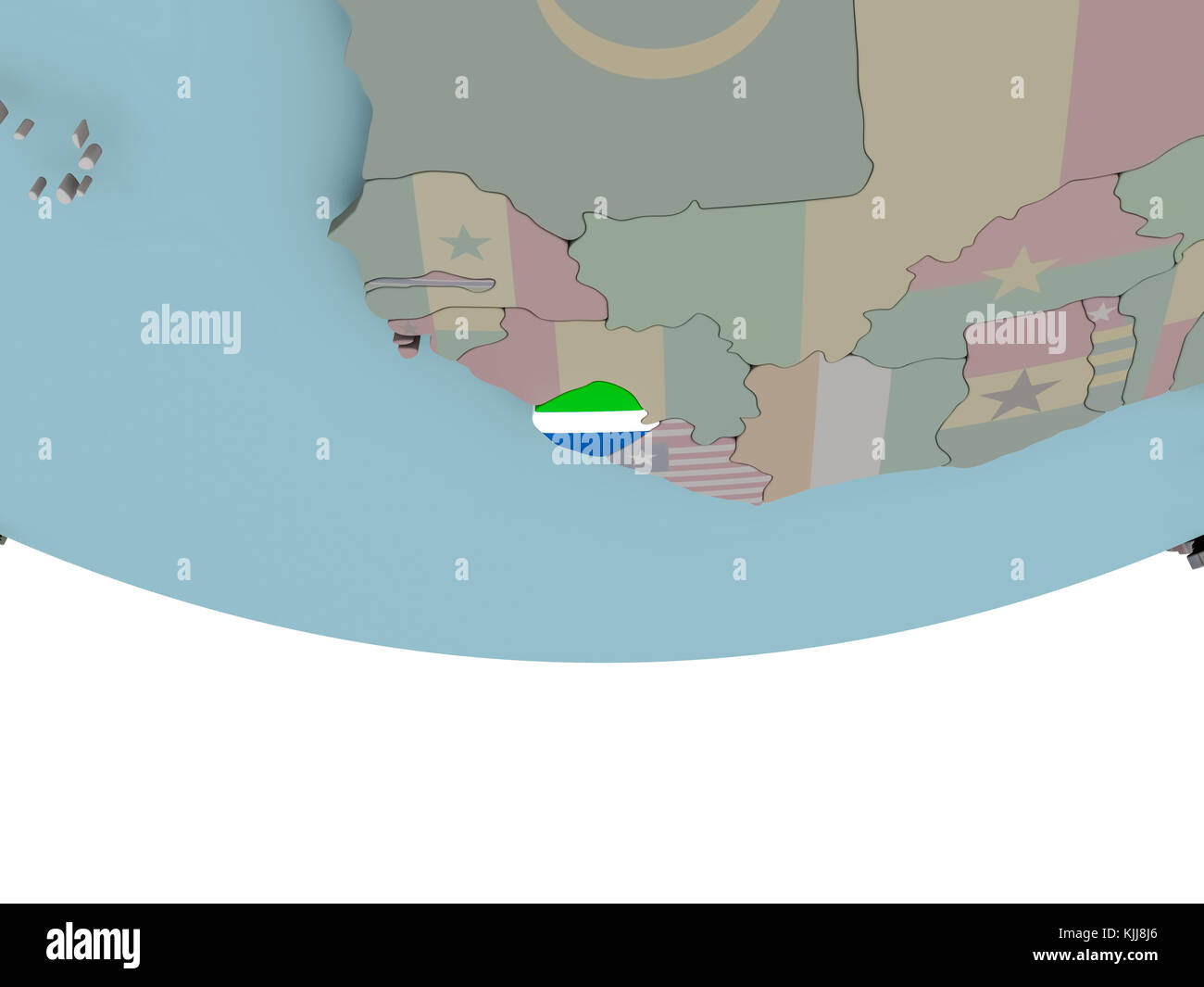 3D illustration of Sierra Leone with embedded flag on political globe ...