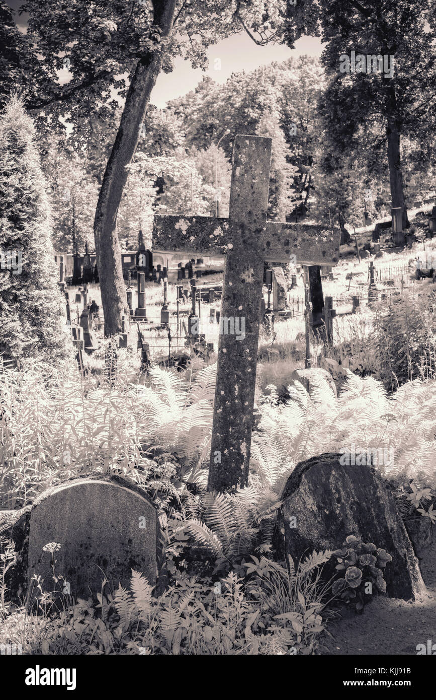 ancient graveyard by sunny summer day with focus on stone cross Stock Photo