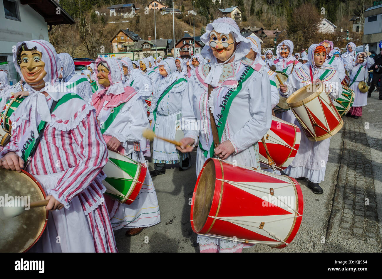 Experience the legendary Aussee Carnival in Austria: traditional carnival costumes and customs are the hallmarks of this fantastic event in February. Stock Photo