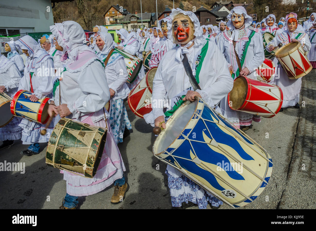 Experience the legendary Aussee Carnival in Austria: traditional carnival costumes and customs are the hallmarks of this fantastic event in February. Stock Photo