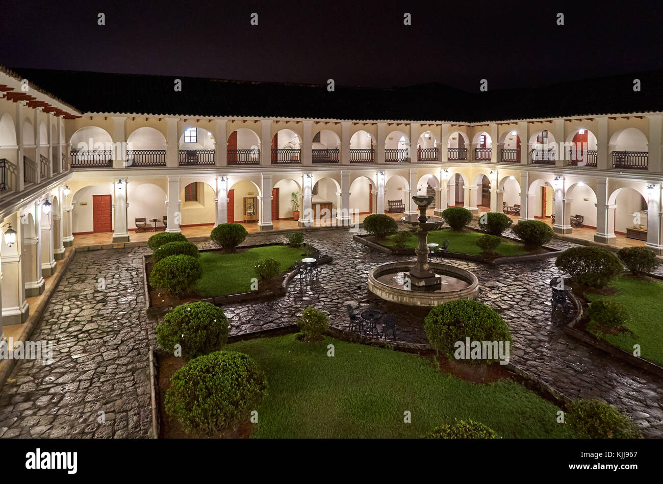 night shot of inner courtyard of Hotel Dann Monasterio, Popayan, Colombia, South America Stock Photo