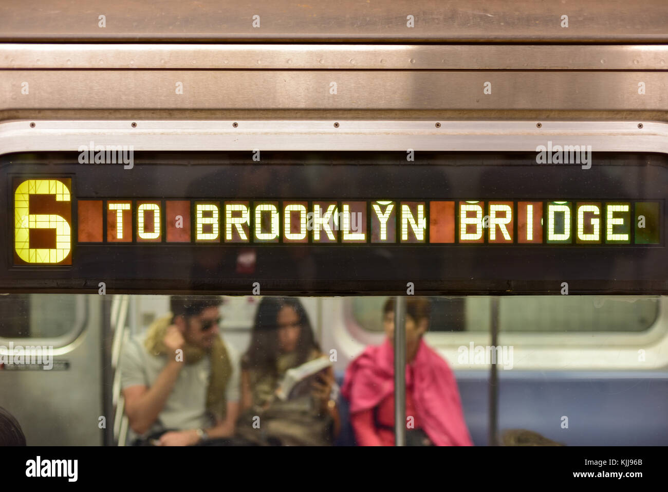 New York, USA - May 31, 2015: The 6 Train on the way to Brooklyn Bridge Station in the New York Subway. Stock Photo