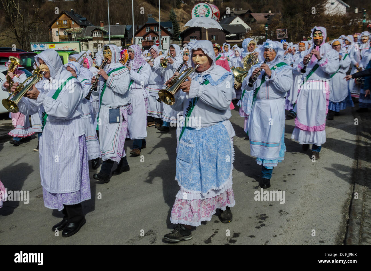 Experience the legendary Aussee Carnival in Austria: traditional carnival costumes and customs are the hallmarks of this fantastic event in February. Stock Photo