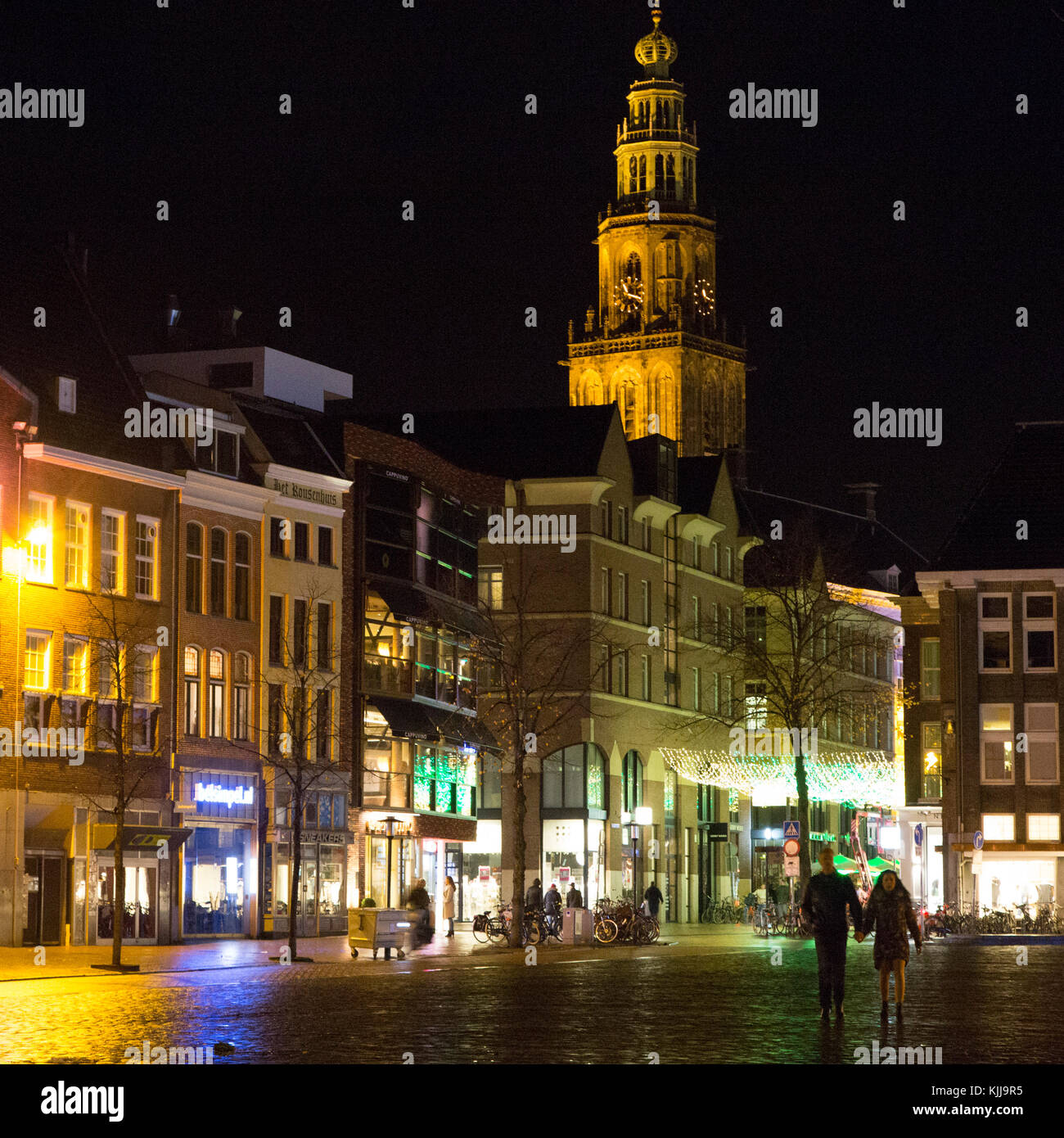 The Vismarkt (Fish Market) at night in central Groningen, the Netherlands. The Marketplace hosts markets on Tuesdays, Fridays and Saturdays. Stock Photo