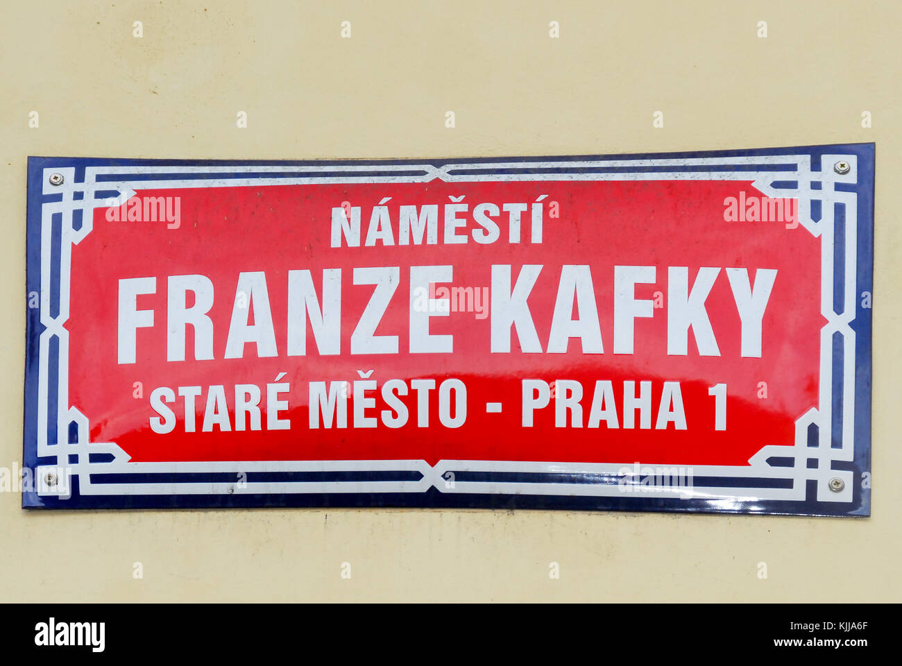 Franz Kafka Street Sign in Prague, Czech Republic. Stock Photo