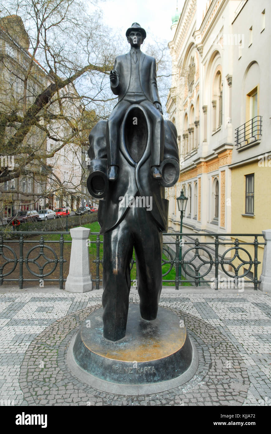 PRAGUE, CZECH REPUBLIC - JANUARY 10, 2007: Franz Kafka statue located in Jewish quarter of Prague, Czech Republic. Kafka was a German language writer  Stock Photo