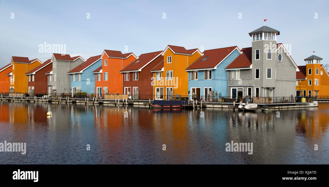 Waterfront houses at the Reitdiephaven (Reitdiep Marina) in Groningen, the Netherlands. Stock Photo