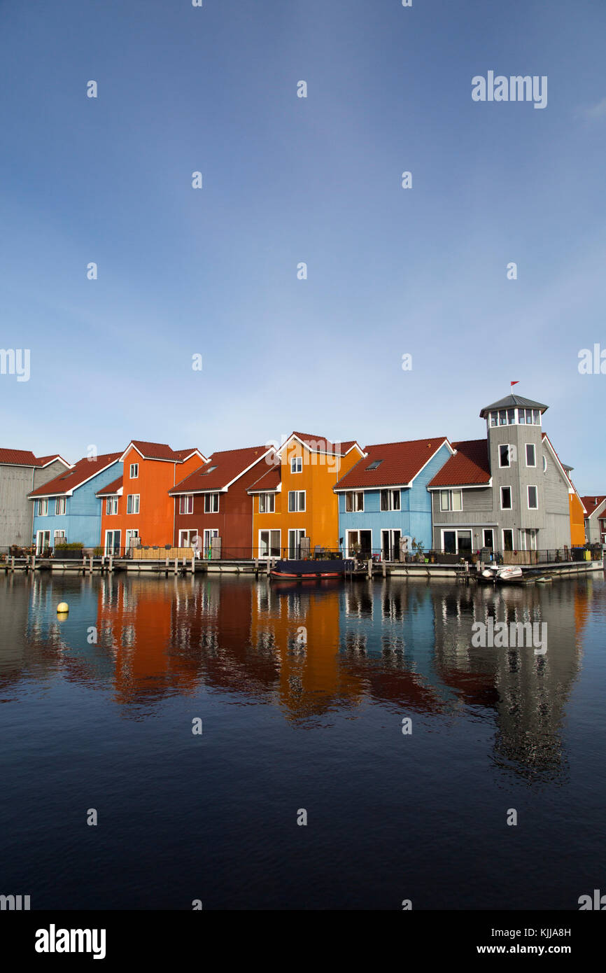 Colourful waterfront houses at the Reitdiephaven (Reitdiep Marina) in Groningen, the Netherlands. Stock Photo