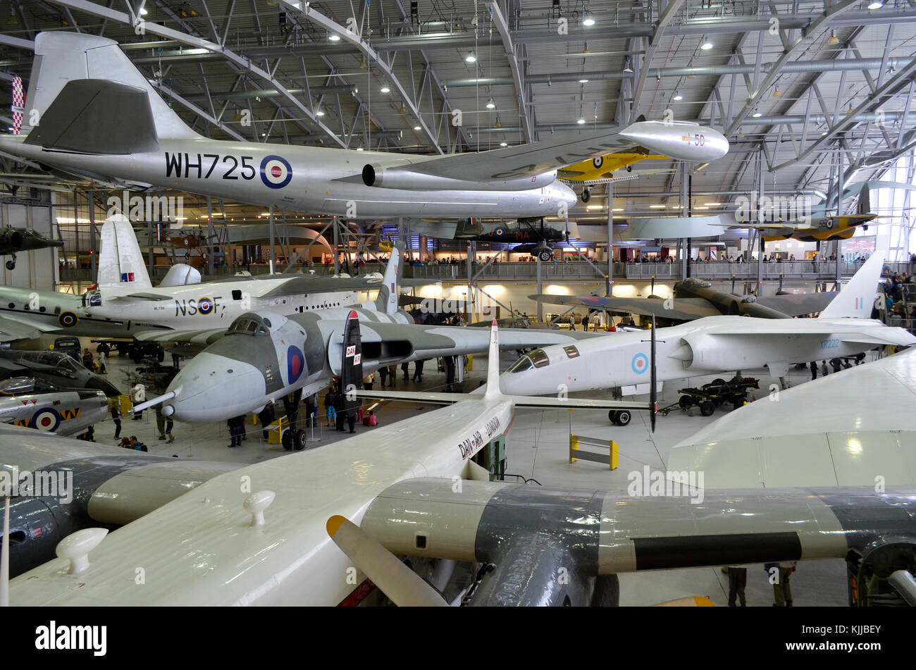 Duxford Airspace aircraft museum, Duxford, UK. English Electric  Canberra, Avro Vulcan, and BAC TSR 2 all visible. Stock Photo