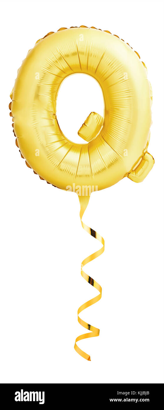 Golden letter Q made of inflatable balloon with ribbon isolated on white. Stock Photo