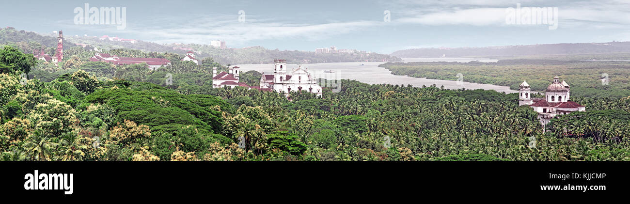 Panoramic view of Old Goa from Monte Hill, showing world heritage structures and the Mandovi River Stock Photo