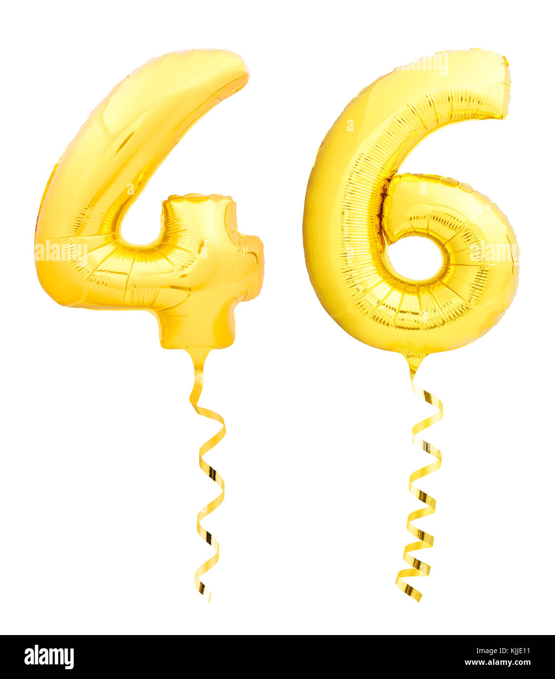 Golden number forty six 46 made of inflatable balloon with ribbon on white Stock Photo