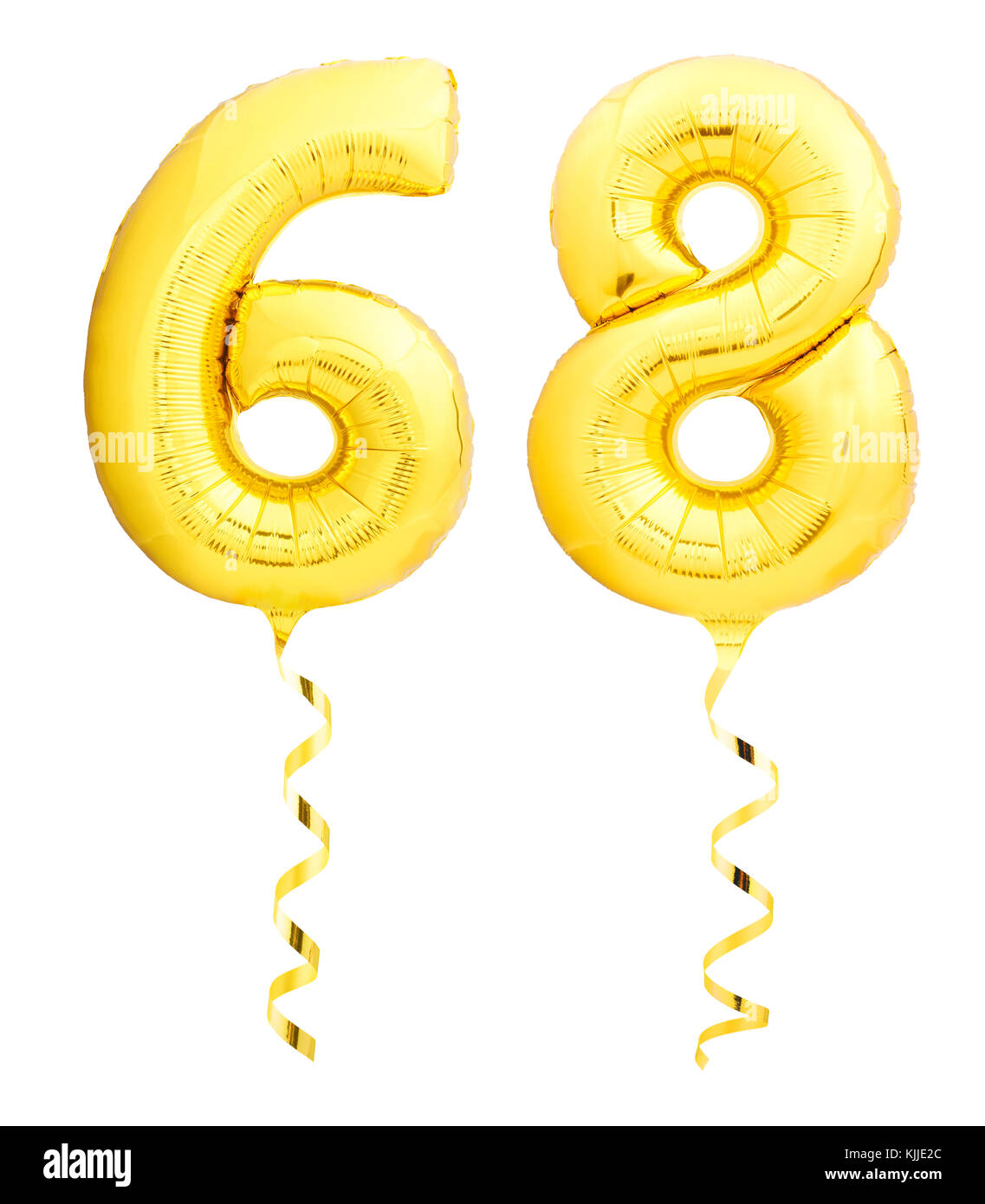 Golden number sixty eight 68 made of inflatable balloon with ribbon on white Stock Photo