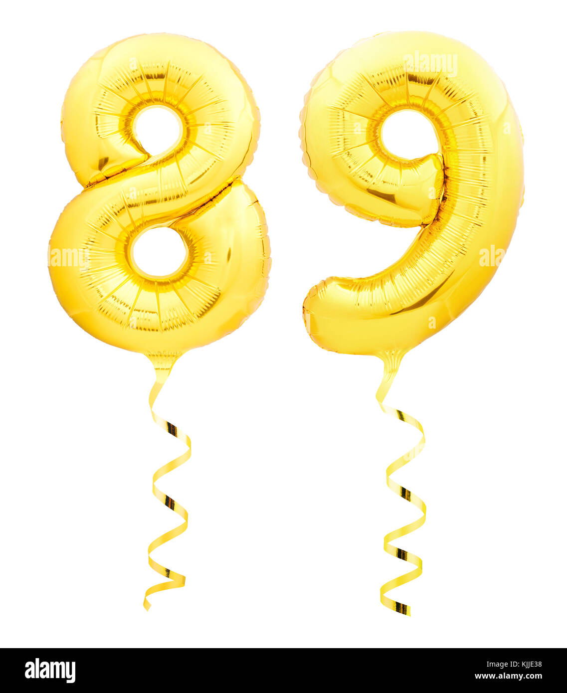 Golden number eighty nine 89 made of inflatable balloon with ribbon on white Stock Photo