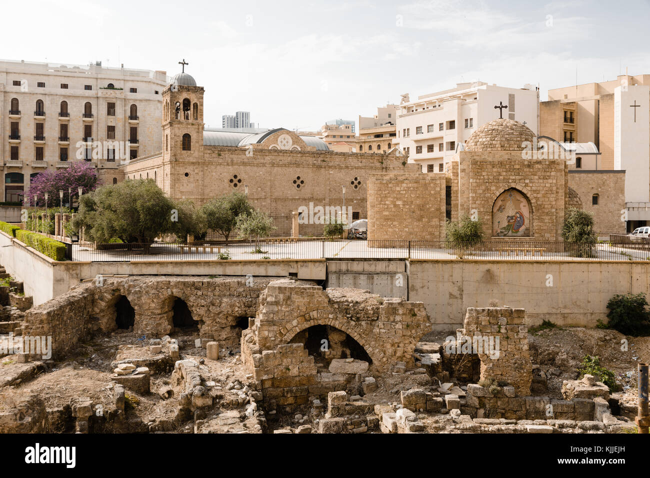 The Roman ruins and Saint George Cathedral, Downtown, Beirut, Lebanon. Stock Photo