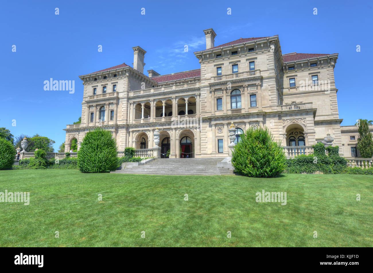 NEWPORT, RHODE ISLAND - AUGUST 8, 2013: The Breakers Mansion - a national historic landmark, built by Cornelius Vanderbilt of the Gilded Age, as seen  Stock Photo