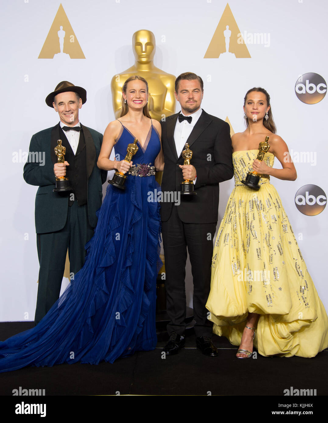 HOLLYWOOD, CA - FEBRUARY 28: Mark Rylance, Brie Larson, Leonardo DiCaprio and Alicia Vikander in the press room during the 88th Annual Academy Awards at Loews Hollywood Hotel on February 28, 2016 in Hollywood, California.   People:  Mark Rylance, Brie Larson, Leonardo DiCaprio and Alicia Vikander Stock Photo