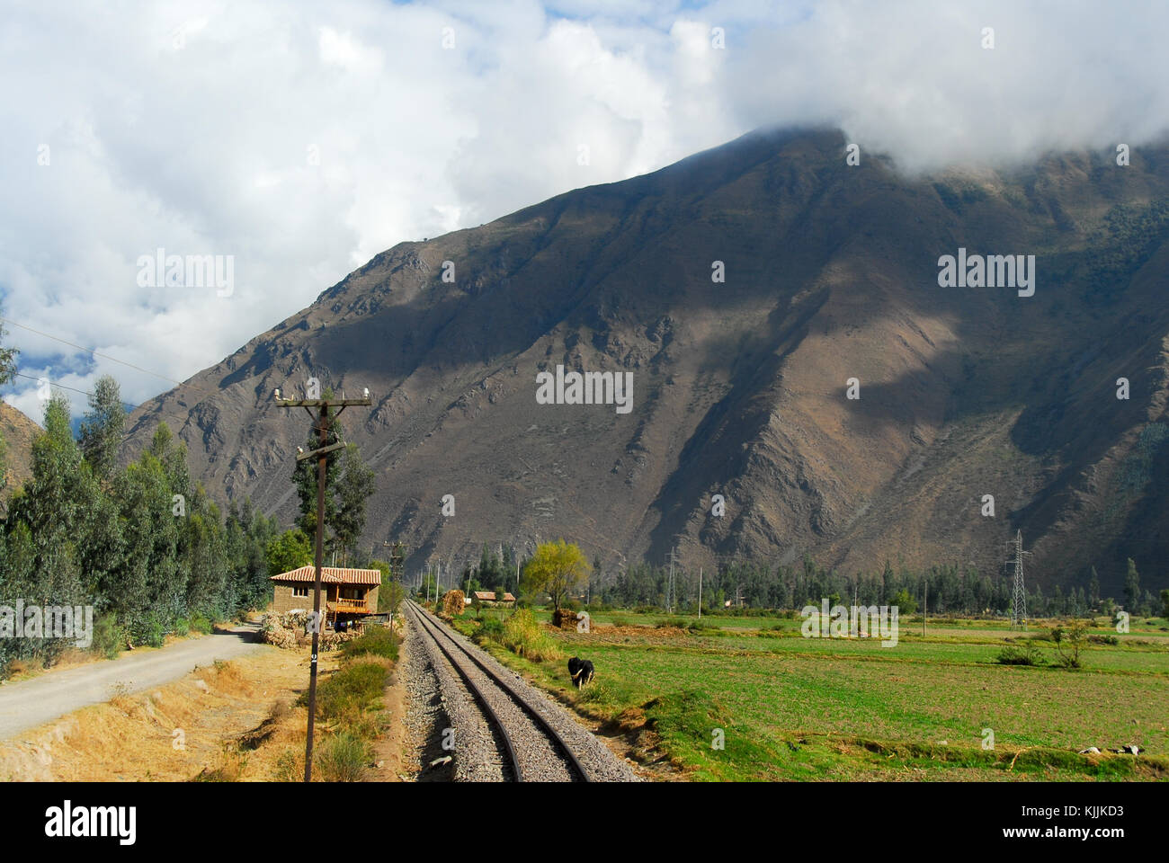 Railroad Tracks through the Andes Mountains in Peru, between Cusco and Machu Picchu Stock Photo