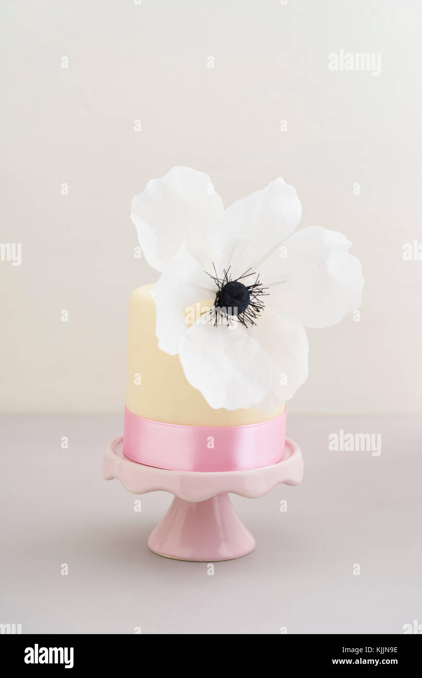 Mini fancy cake with fondant and white poppy made of edible paper Stock Photo