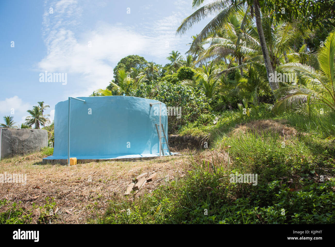 Concrete slab water tank with lush, tropical greenery under a blue sky with clouds on Dravuni Island, Fiji Stock Photo