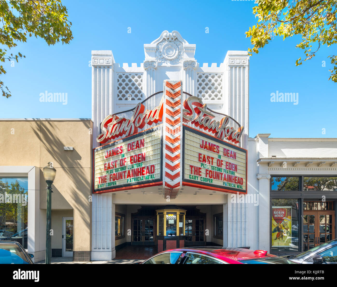 Restored 1925 Palo Alto Stanford Movie Theater showing East of Eden with James Dean and The Fountainhead by Ayn Rand with Gary Cooper. Stock Photo