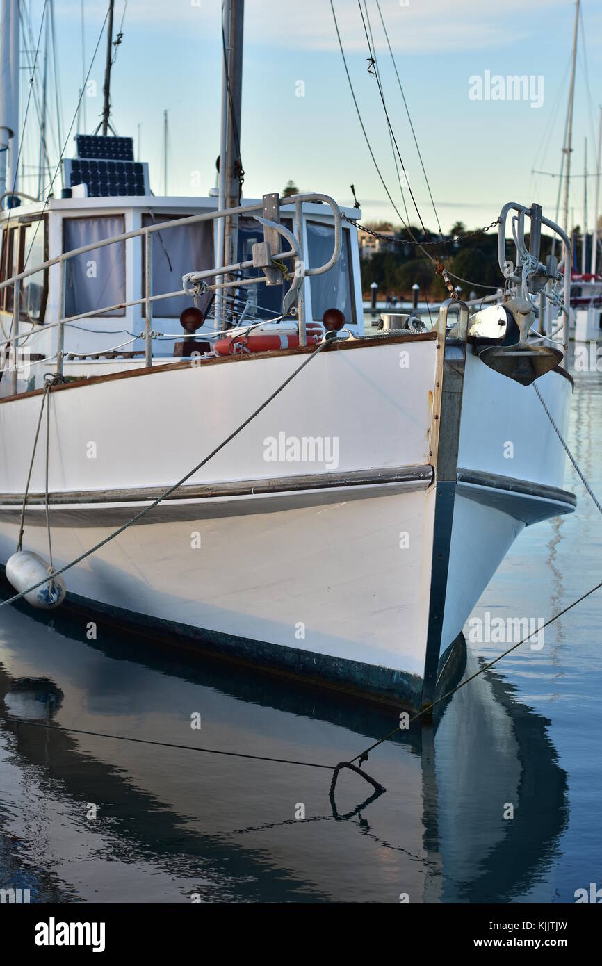 Bow of classic motor launch with anchor and metal railing Stock Photo Alamy
