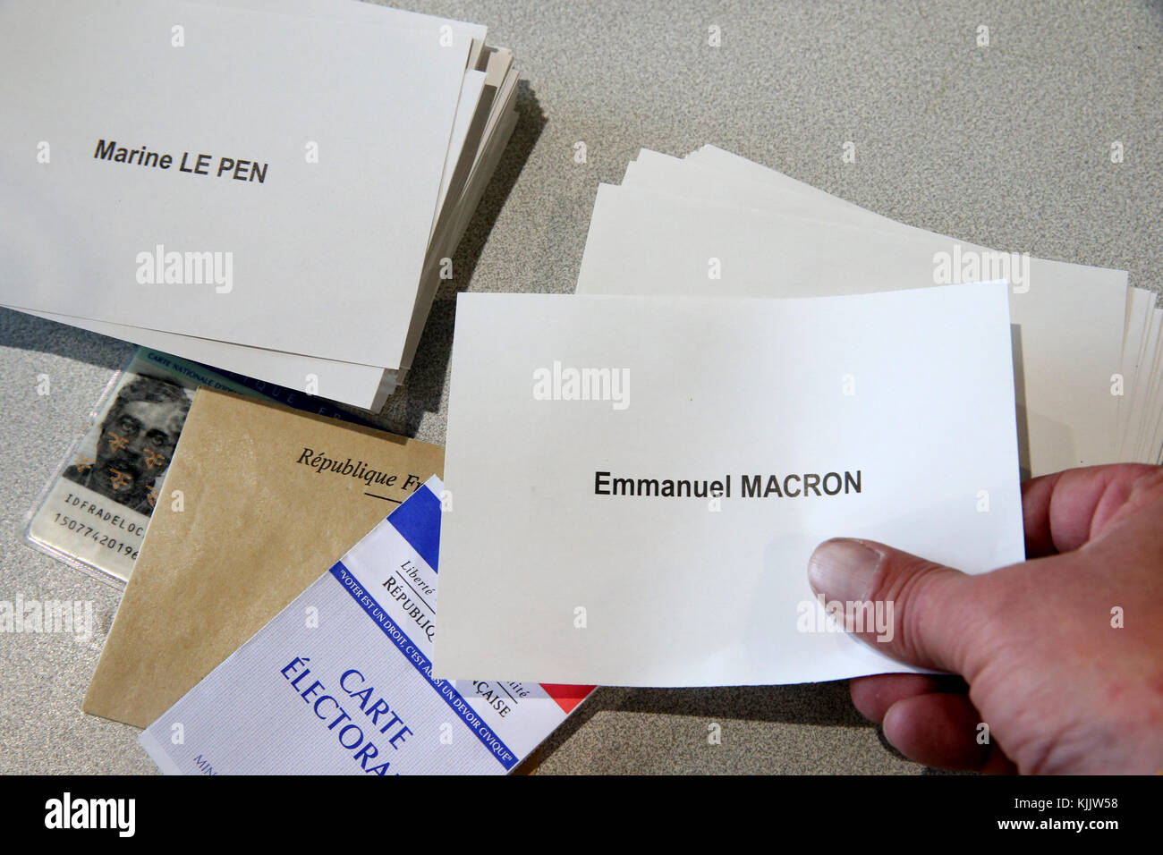 2017 French presidential election. Polling Booth. Marine Le Pen VS Emamnuel Macron.  France. Stock Photo